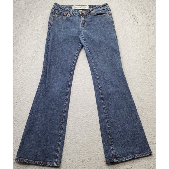 Seven7 Flare Jeans Womens Size 32 Blue Denim Stretch Low Rise Gold Pocket Stitch - Picture 1 of 10